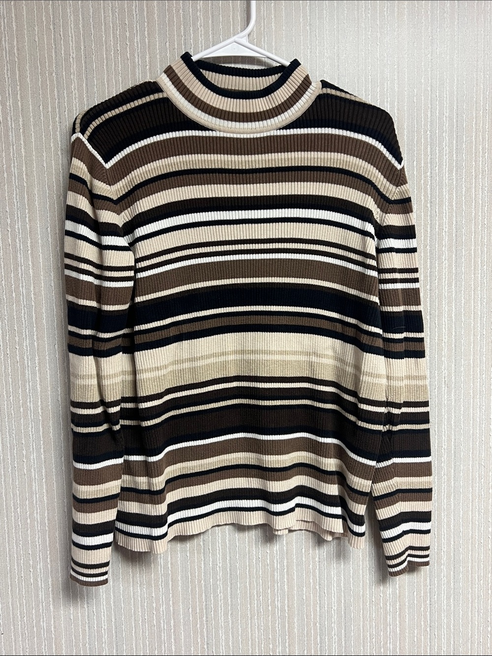 M Karen Scott Striped knit Turtleneck Sweater in Brown, Black & Cream